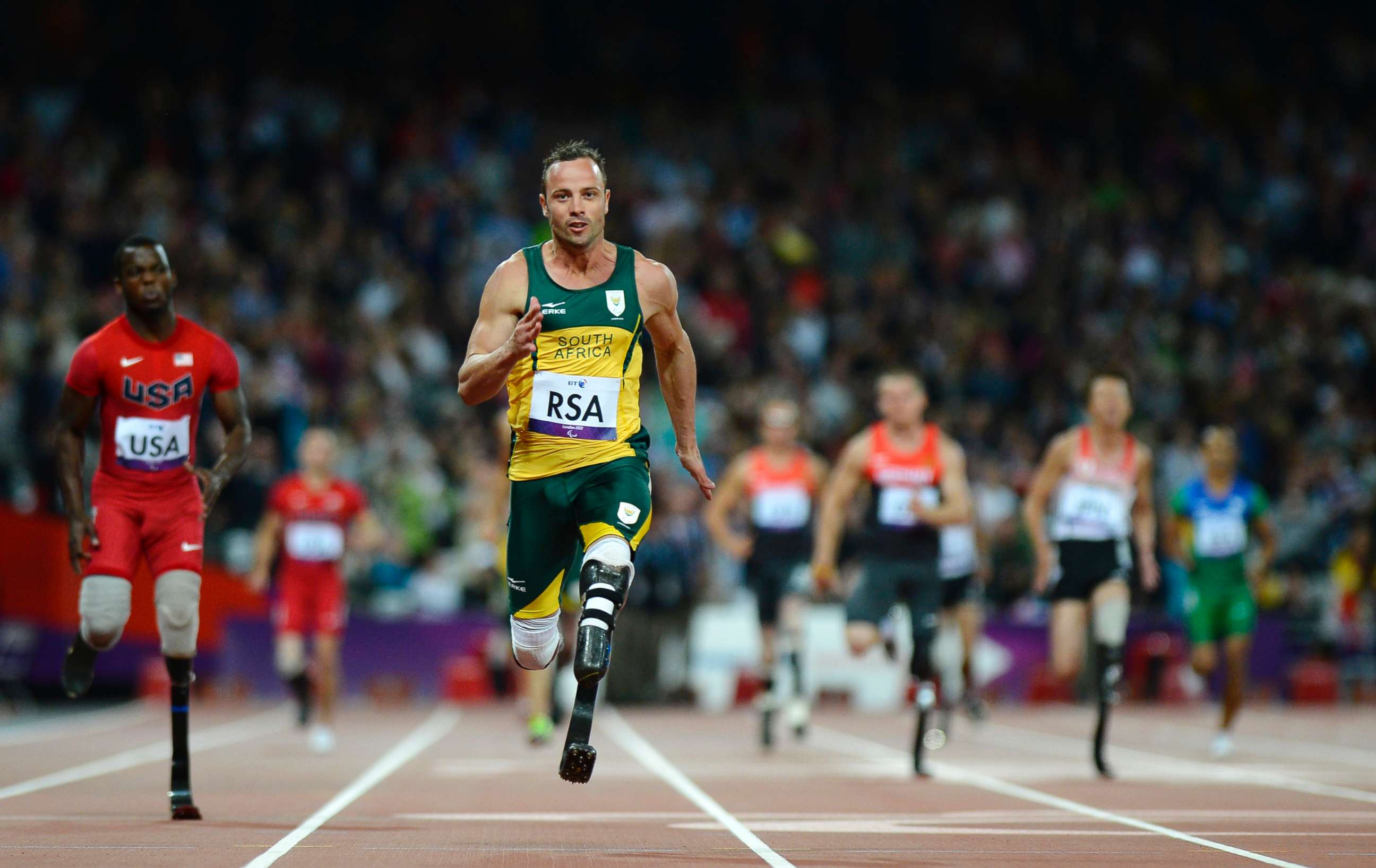PHOTO:South Africa's Oscar Pistorius runs across the finish line as he anchors his team home during the athletics competition at the London 2012 Paralympic Games at the Olympic Stadium in east London in this Sept. 5, 2012 file photo.