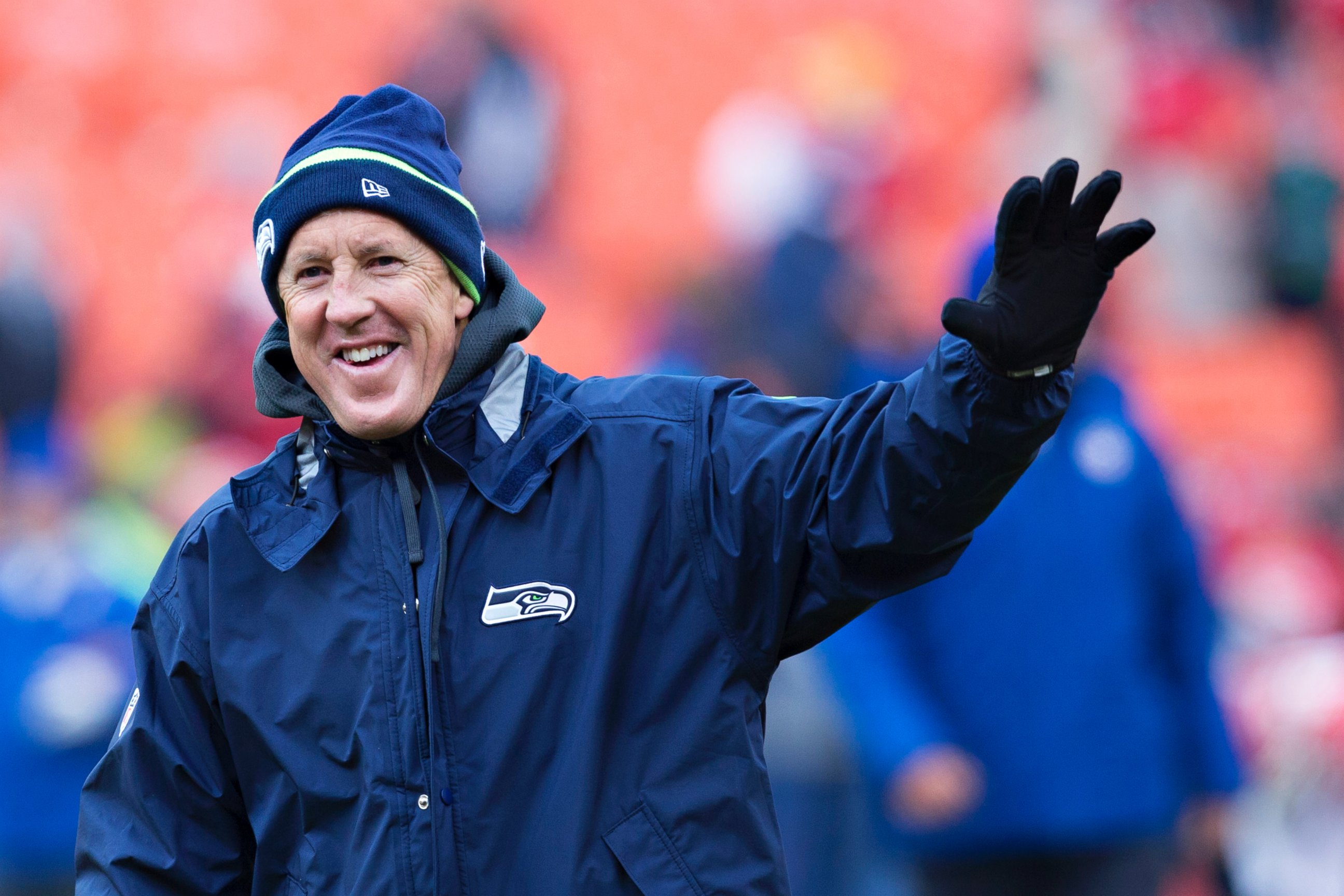PHOTO: Head Coach Pete Carroll of the Seattle Seahawks waves to fans before a game against the Kansas City Chiefs on Nov. 16, 2014 in Kansas City, Missouri.  