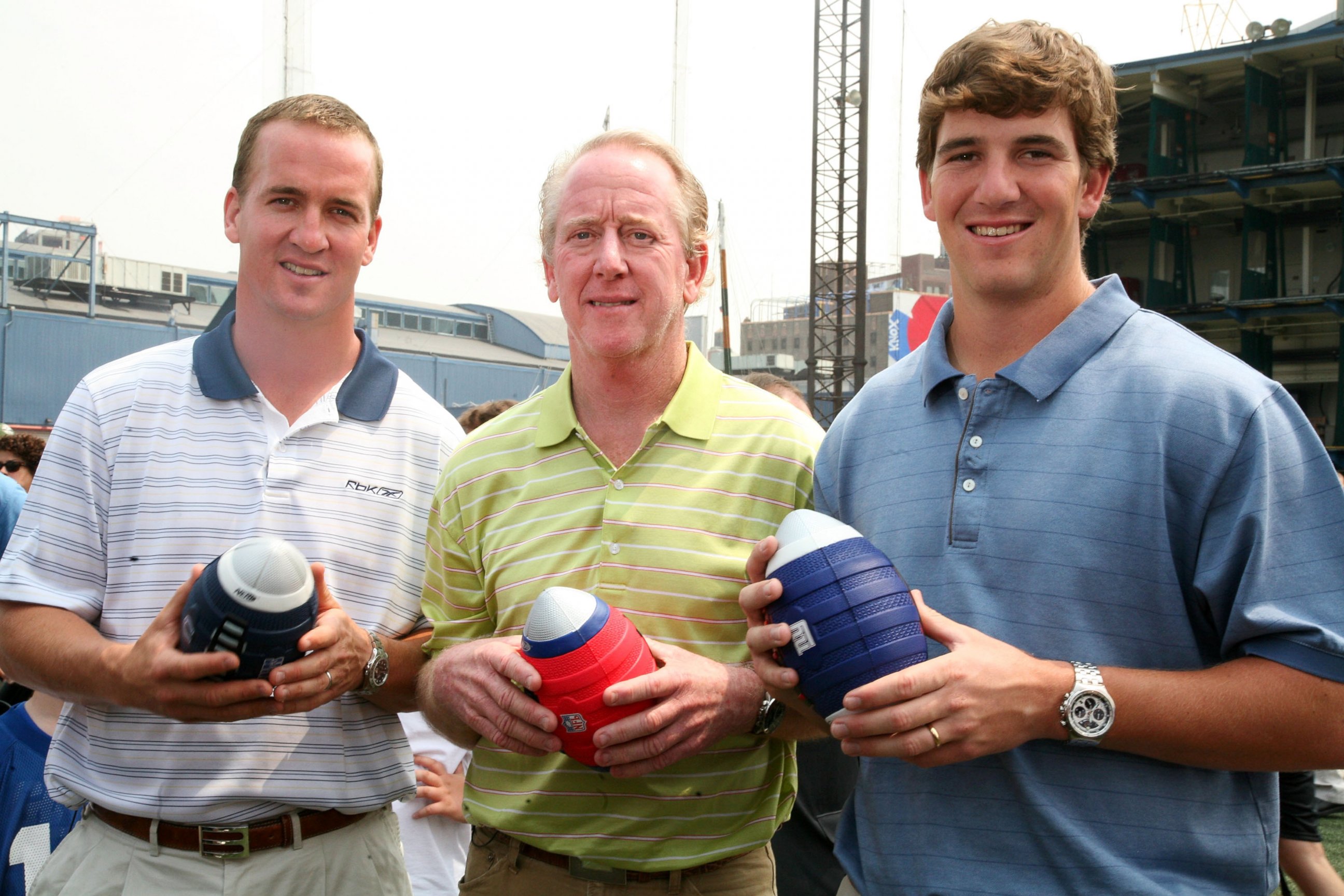 PHOTO: Indianapolis Colts quarterback Peyton Manning, Archie Manning and New York Giants quarterback Eli Manning attends the NERF Father's Day Football Throwdown on June 14, 2008 at Chelsea Piers in New York City.