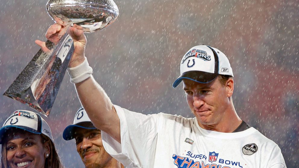 PHOTO: The Indianpolis Colts' Peyton Manning raises the Lombardi Trophy after the Colts' 29-17 victory over the Chicago Bears in Super Bowl XLI in Miami, Fla., Feb. 4, 2007.