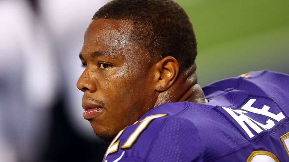 Ray Rice sits on the bench against the Dallas Cowboys in the first half of their preseason game at AT&T Stadium on Aug. 16, 2014 in Arlington, Texas.
