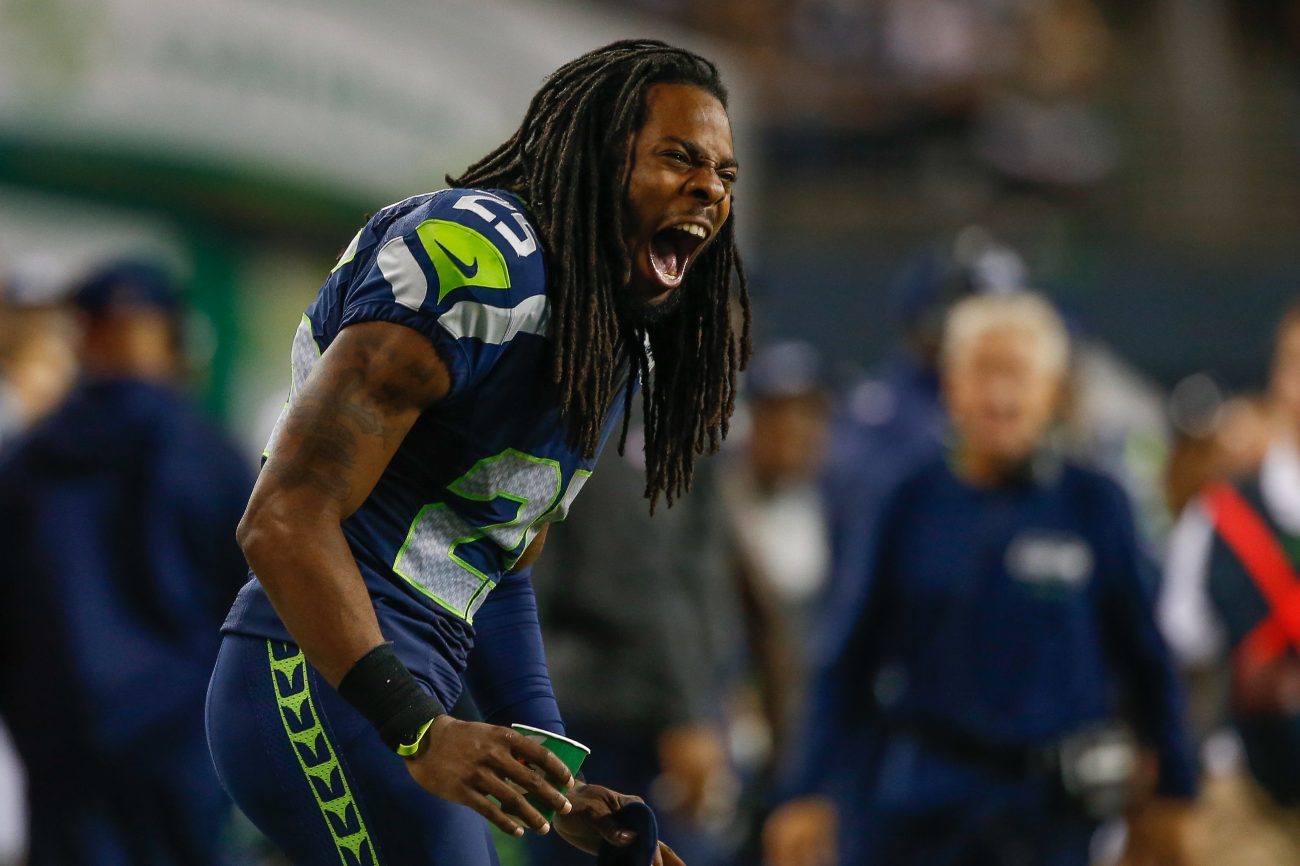 PHOTO: Seattle Seahawks cornerback, Richard Sherman, reacts to a play  against the San Diego Chargers at CenturyLink Field on Aug. 15, 2014 in Seattle, Washington.