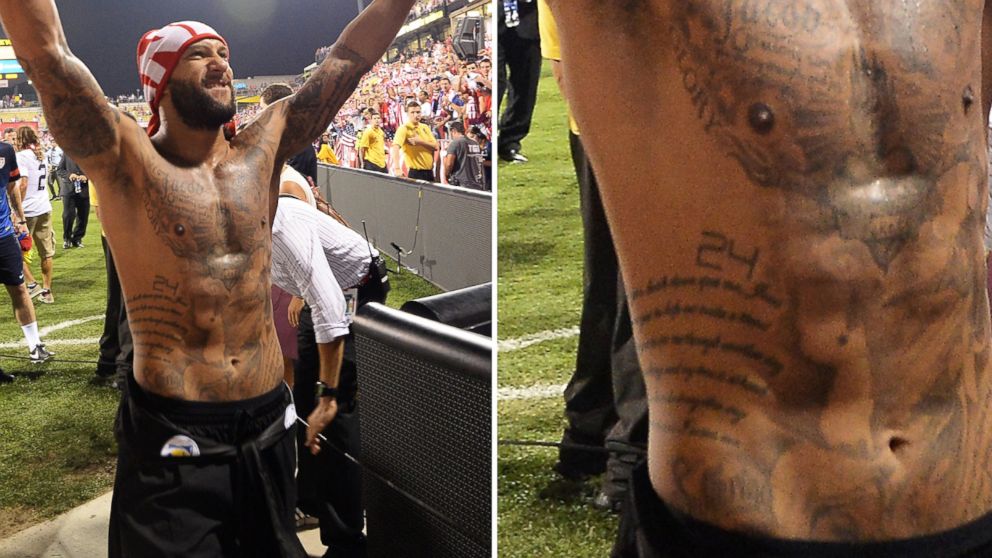 PHOTO: Goalkeeper Tim Howard of the United States Men's National Team has an outline of New Jersey tattooed on his torso, seen here Sept. 10, 2013 in Columbus, Ohio.