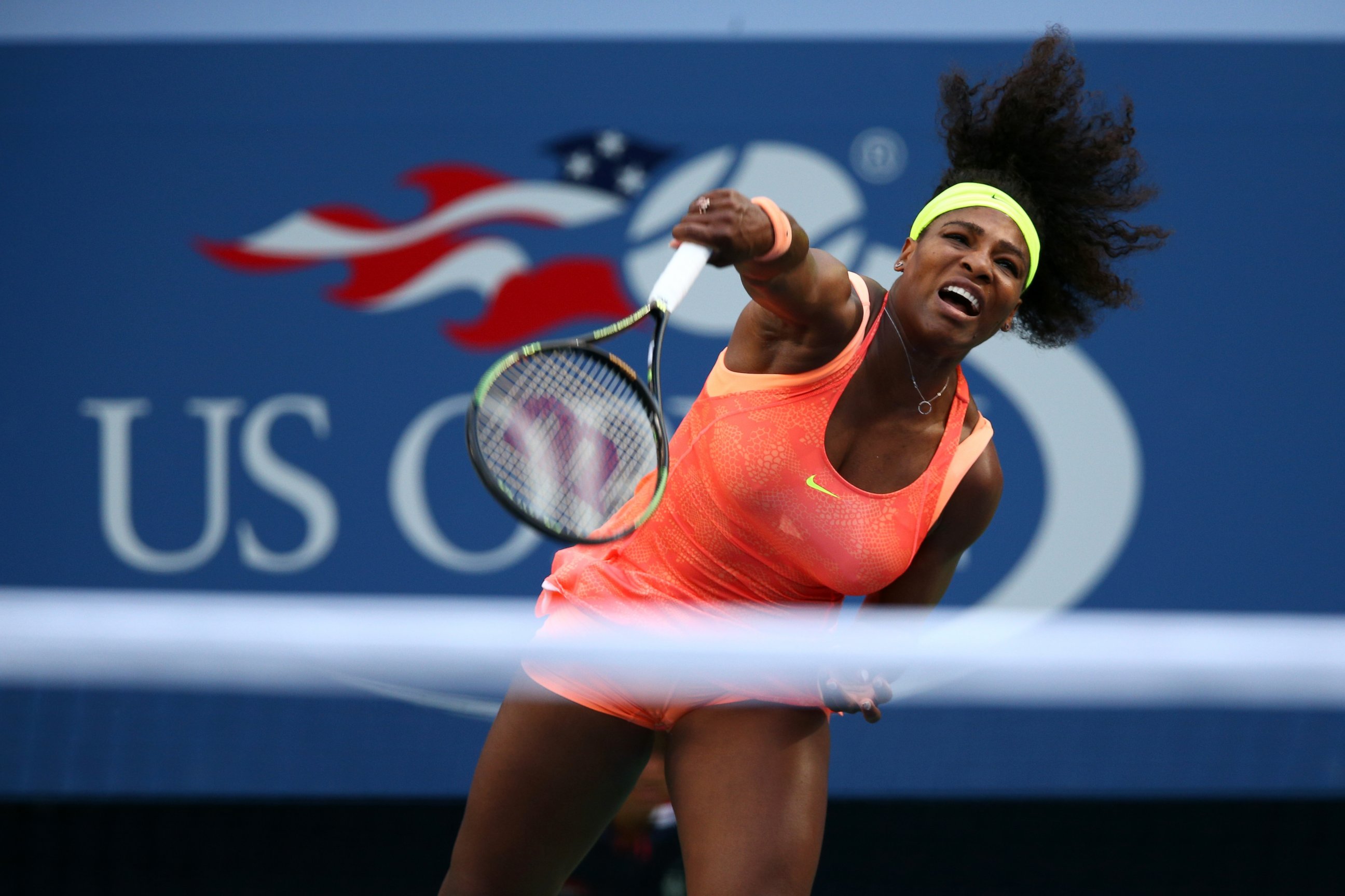 PHOTO: Serena Williams of the United States serves to Madison Keys of the United States during their Women's Singles match at the US Open on Sept. 6, 2015 in New York.