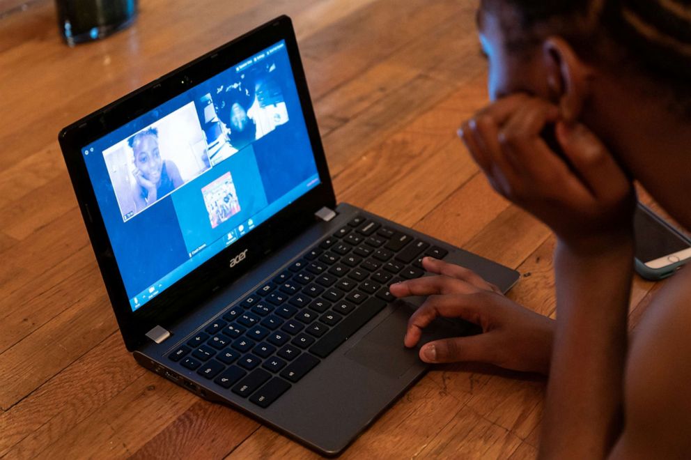 PHOTO: Gymnast Ty-La Morris, 12, prepares to train via a Zoom call at her home during the coronavirus disease (COVID-19) outbreak, in New Windsor, N.Y., May 22, 2020.