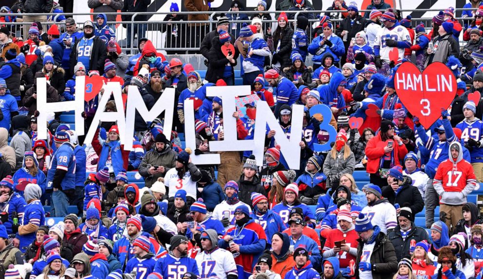 PHOTO: Buffalo Bills fans show support for Damar Hamlin before a game against the New England Patriots at Highmark Stadium in Orchard Park, N.Y., Jan. 8, 2023.