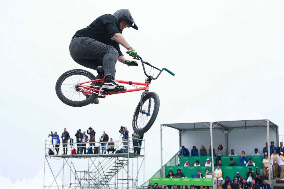 PHOTO: Hannah Roberts of the United States jumps in the air during the women's freestyle BMX final on Day 16 of Lima 2019 Pan American Games at Costa Verde San Miguel on Aug. 11, 2019, in Lima, Peru.
