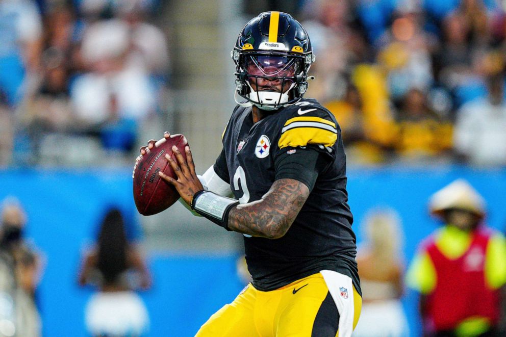 PHOTO: Pittsburgh Steelers quarterback Dwayne Haskins plays against the Carolina Panthers during the first half of a preseason NFL football, Aug. 27, 2021, in Charlotte, N.C.