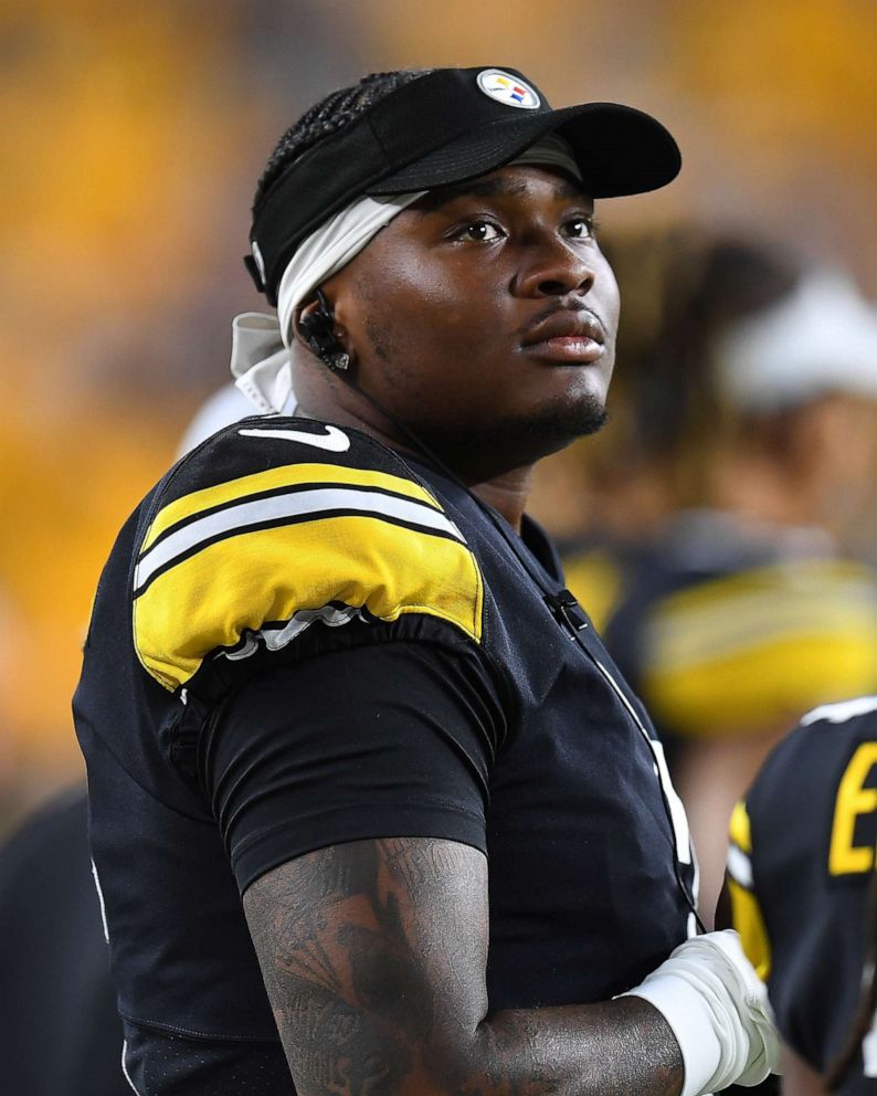 PHOTO: Dwayne Haskins of the Pittsburgh Steelers looks on during the game against the Detroit Lions at Heinz Field on August 21, 2021 in Pittsburgh, Penn.