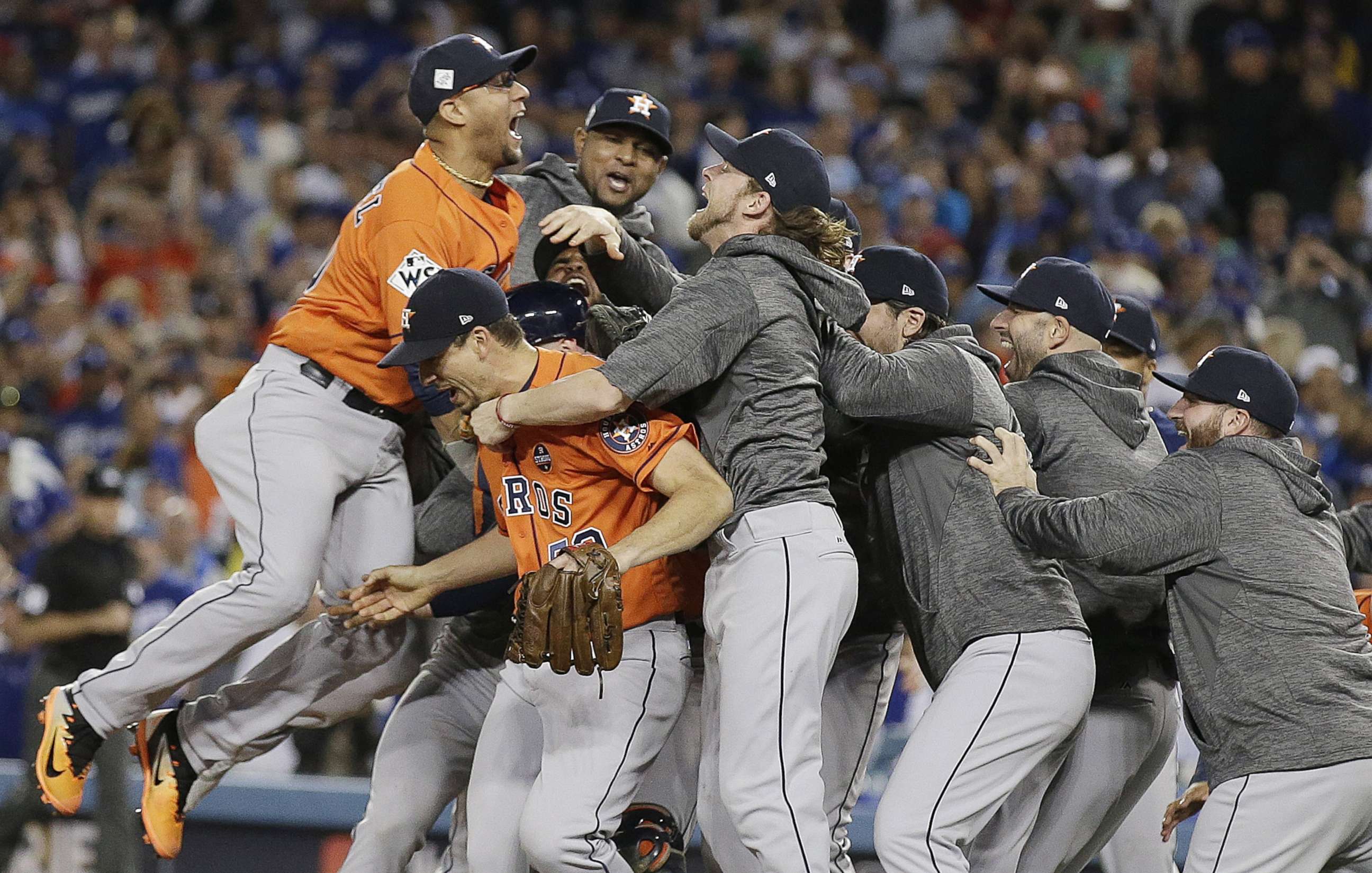 PHOTO: Houston Astros celebrate after defeating the Los Angeles Dodgers to win Major League Baseball's World Series game seven at Dodger Stadium in Los Angeles, Nov. 1, 2017. 