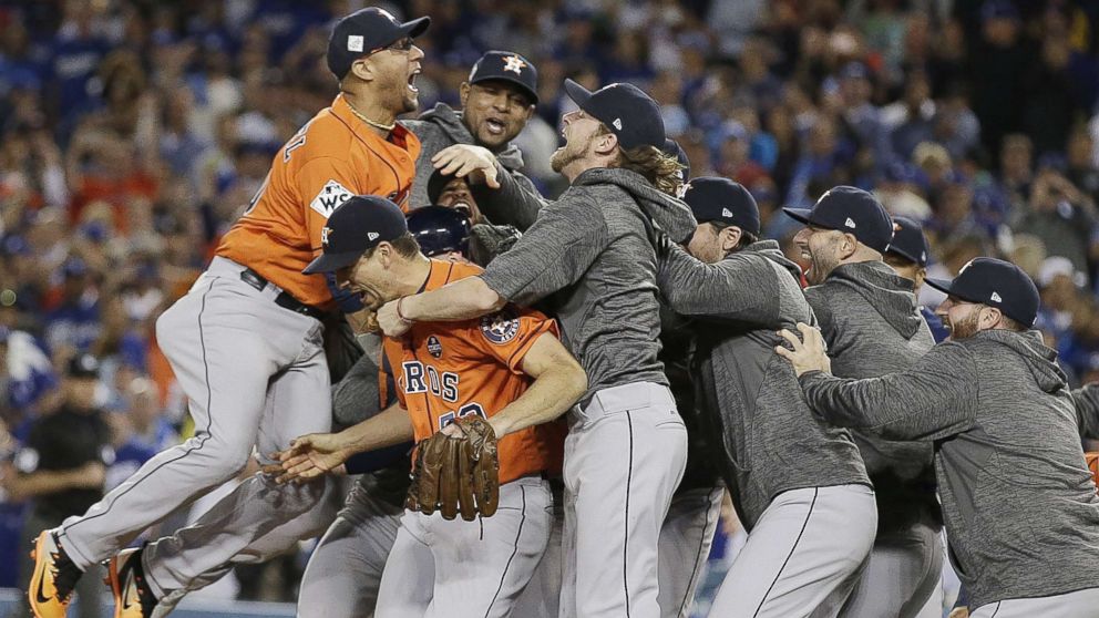 PHOTO: Houston Astros celebrate after defeating the Los Angeles Dodgers to win Major League Baseball's World Series game seven at Dodger Stadium in Los Angeles, Nov. 1, 2017. 