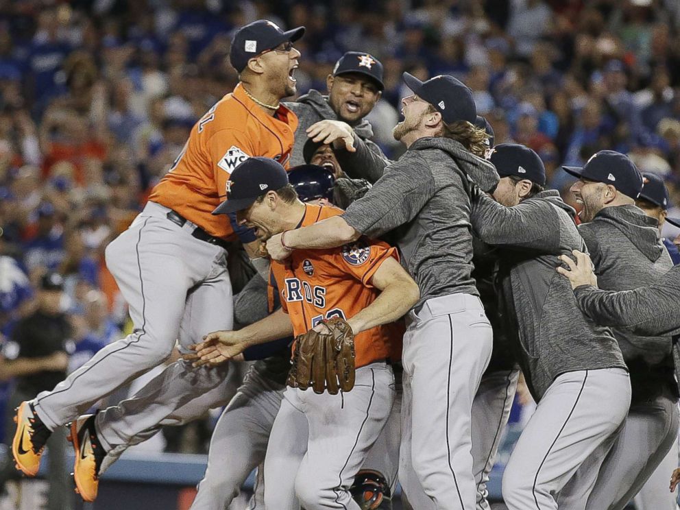PHOTO: Houston Astros celebrate after defeating the Los Angeles Dodgers to win Major League Baseballs World Series game seven at Dodger Stadium in Los Angeles, Nov. 1, 2017.