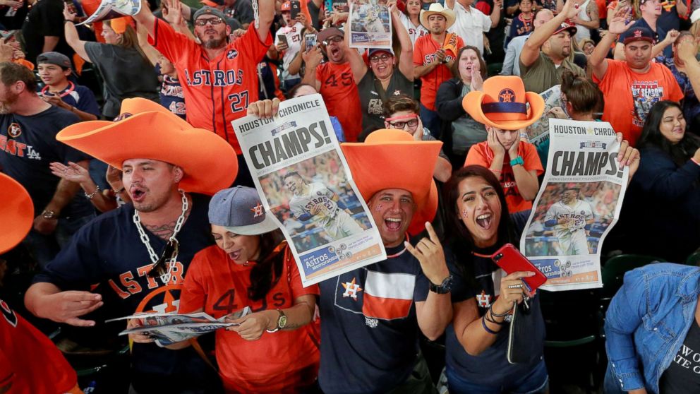PHOTO: Houston Astros fans celebrate after winning the World Series against the Los Angeles Dodgers during a game seven watch party at Minute Maid Park in Houston, Nov. 1, 2017.