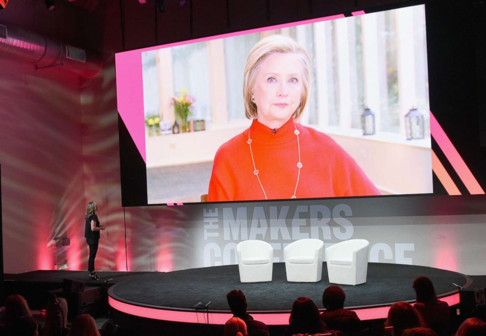 PHOTO: Hilary Clinton speaks live from New York with Founder and Executive Producer, MAKERS, Dyllan McGee during The 2018 MAKERS Conference at NeueHouse Hollywood on February 7, 2018 in Los Angeles, California.  