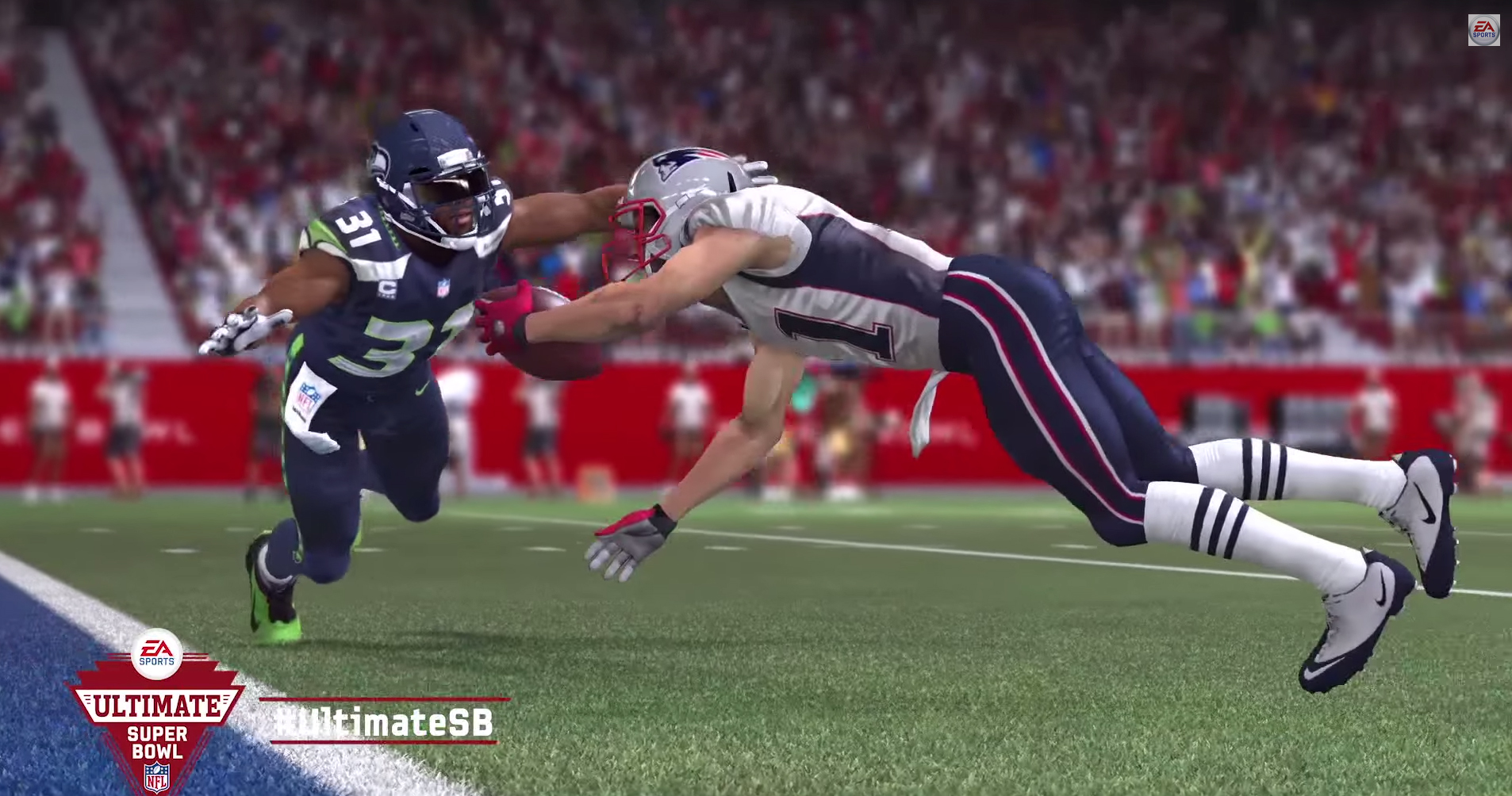 PHOTO: New England Patriots Julian Edelman dives for a touchdown in a still from a video game simulation published by Electronic Arts that predicted the winner of Super Bowl XLIX.