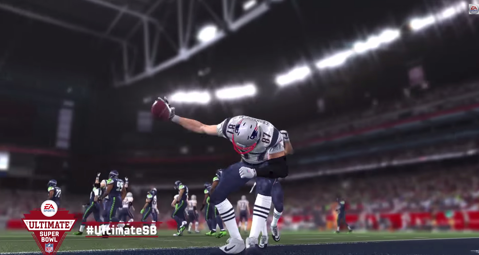 PHOTO: New England Patriots Rob Gronkowski celebrates a touchdown in a still from a video game simulation published by Electronic Arts that predicted the winner of Super Bowl XLIX.