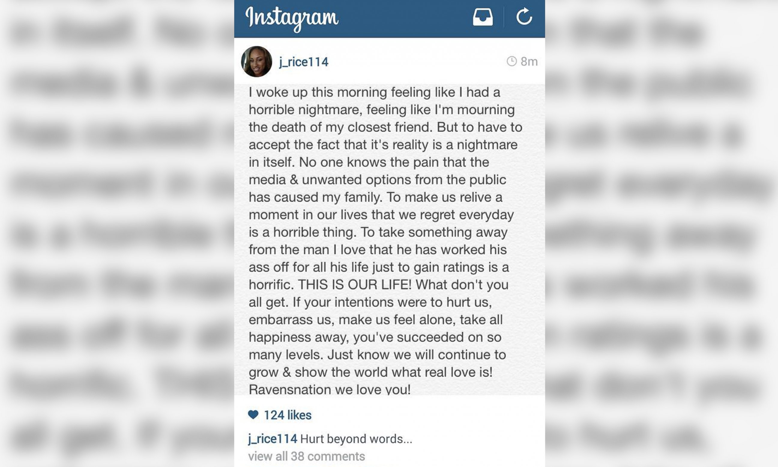 PHOTO: A statement posted to Janay Rice's Instagram account on Sept. 9, 2014 says, "To make us relive a moment in our lives that we regret every day is a horrible thing."