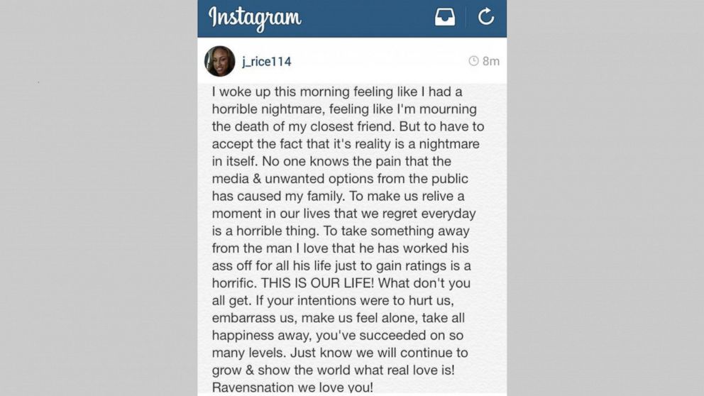 PHOTO: A statement posted to Janay Rice's Instagram account on Sept. 9, 2014 says, "To make us relive a moment in our lives that we regret every day is a horrible thing."