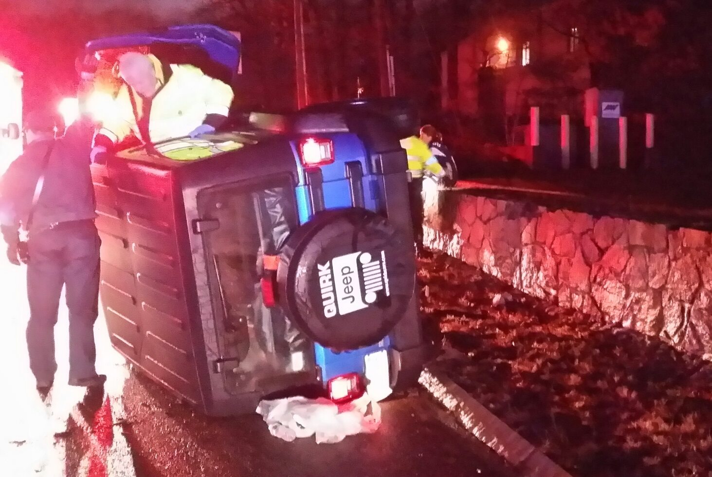 PHOTO: A 2015 Jeep Wrangler is pictured rolled onto its side in a Massachusetts State Police handout image from Jan. 19, 2015.