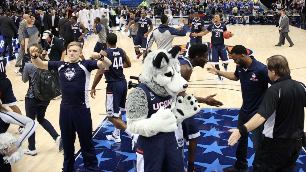 PHOTO: UConn celebrate victory at the end of the game during the UConn Huskies Vs Tulsa Semi Final game at the American Athletic Conference Men's College Basketball Championships 2015 at the XL Center, Hartford, Conn. March 14, 2015.
