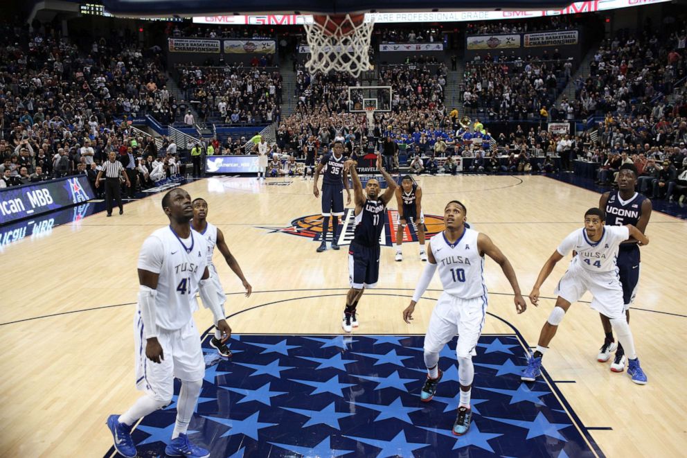 PHOTO: Ryan Boatright, UConn, holds his nerve as he shoots from the free throw line to win the game during the UConn Huskies Vs Tulsa Semi Final game at the XL Center, Hartford, Conn. March 14, 2015.