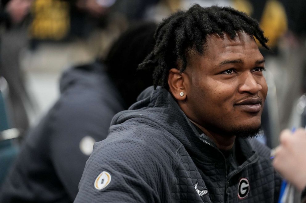 PHOTO: Georgia defensive lineman Jalen Carter speaks during media day ahead of the national championship NCAA College Football Playoff game between Georgia and TCU, Saturday, Jan. 7, 2023, in Los Angeles.