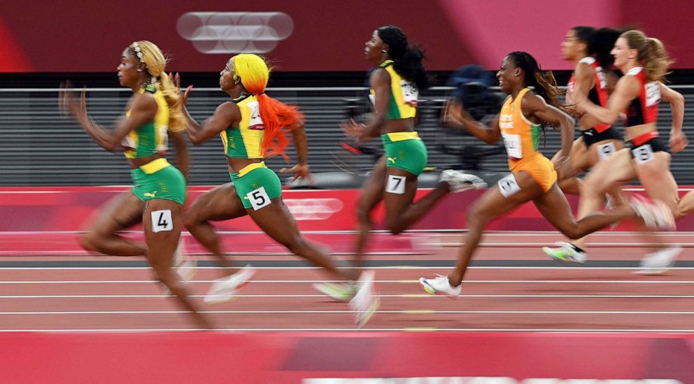 PHOTO: Jamaica's Elaine Thompson-Herah (4), Jamaica's Shelly-Ann Fraser-Pryce (5) and Jamaica's Shericka Jackson (7) compete in the women's 100m final during the Tokyo 2020 Olympic Games at the Olympic Stadium in Tokyo, July 31, 2021. 