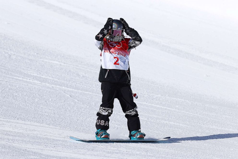 PHOTO: Jamie Anderson of Team United States recovers after crashing during the women's snowboard slopestyle final on Day 2 of the Beijing 2022 Winter Olympic Games at Genting Snow Park on Feb. 6, 2022, in Zhangjiakou, China.