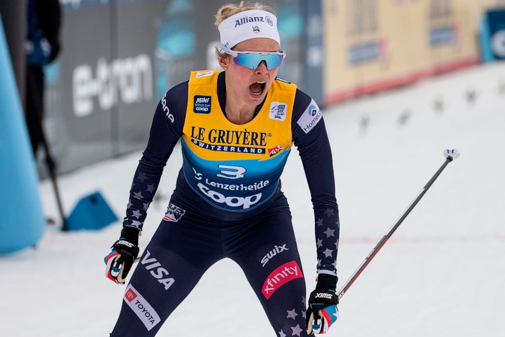 PHOTO: United States' Jessie Diggins celebrates winning a cross-country ski sprint event at the FIS Tour de Ski in Lenzerheide, Switzerland, Tuesday, Dec. 28, 2021.