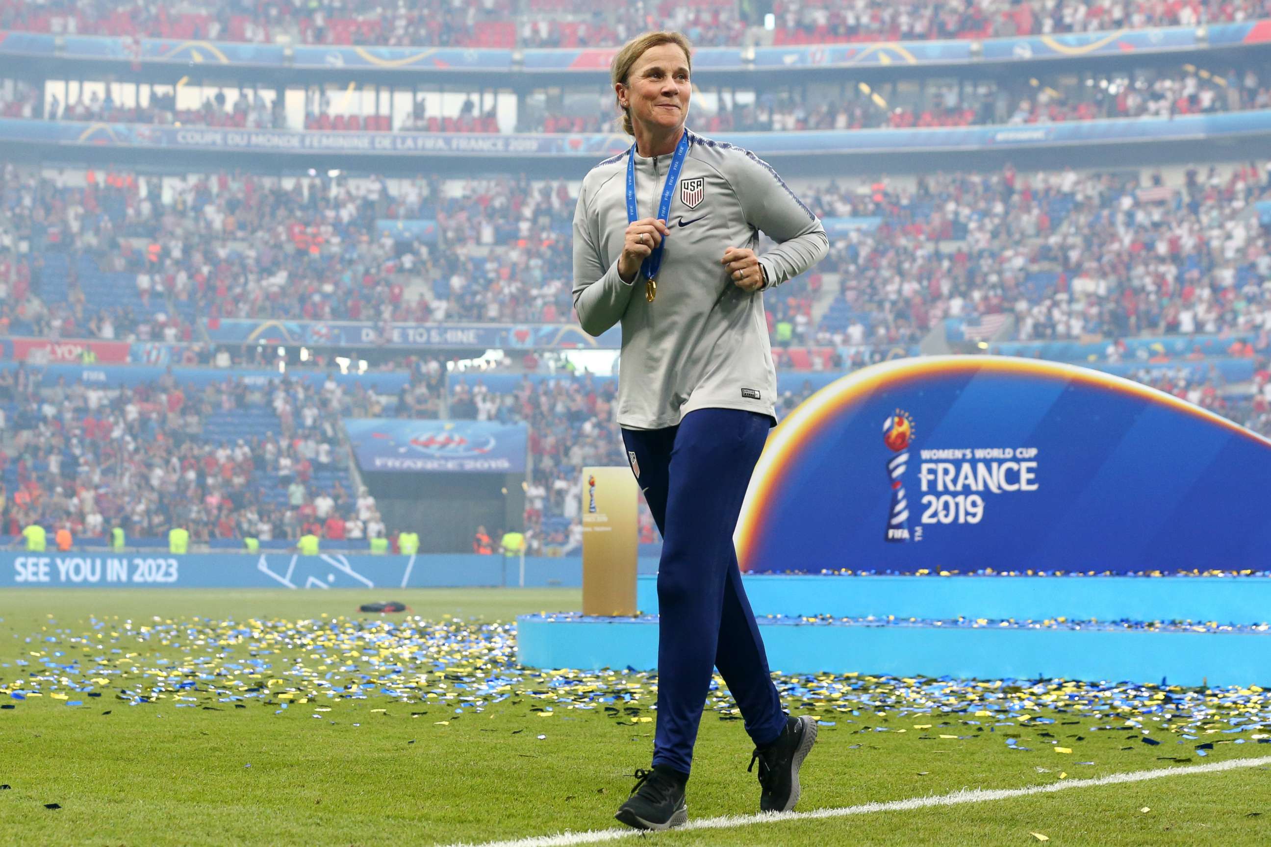 PHOTO: Jill Ellis, Head Coach of USA celebrates the victory in the 2019 FIFA Women's World Cup France Final match between The United States of America and The Netherlands at Stade de Lyon on July 07, 2019 in Lyon, France