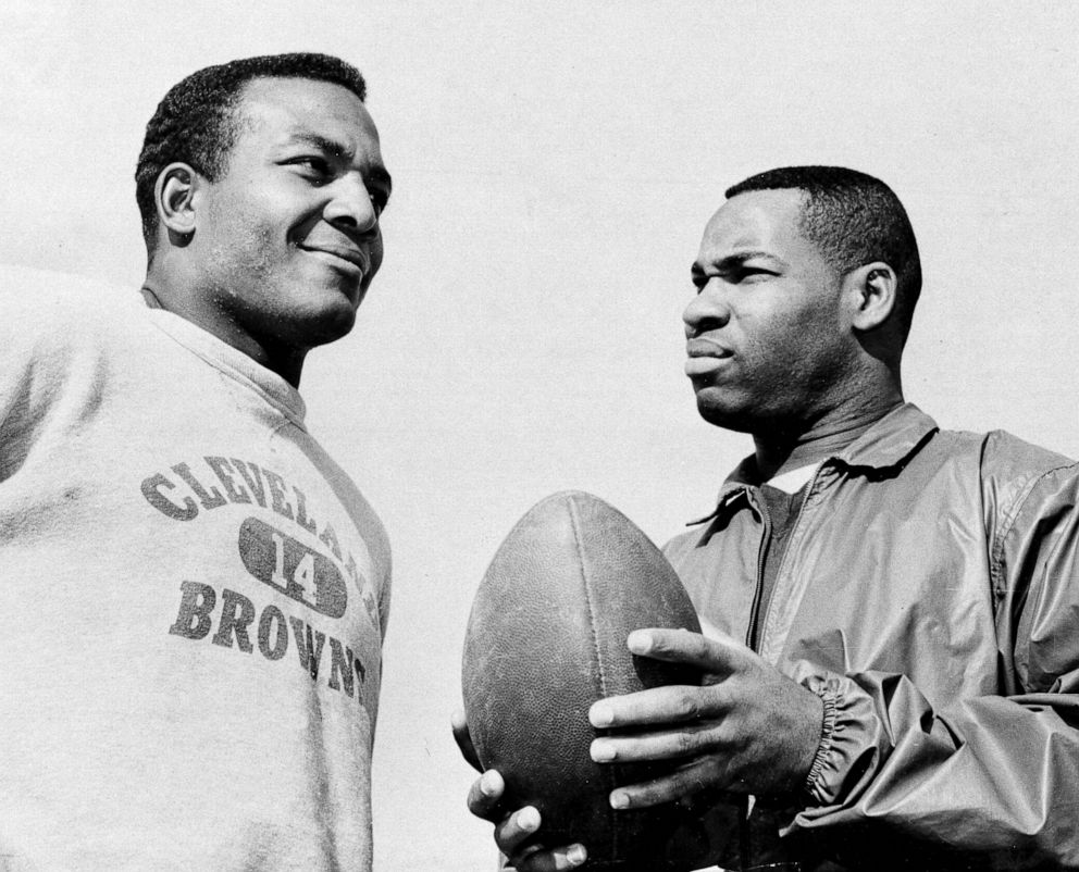 PHOTO: In this Jan. 11, 1964, file photo, fullback Jim Brown, left, and flanker back Bobby Mitchell, once a feared duo for the Cleveland Browns before Mitchell was dealt to Washington, as they prepare for the Pro Bowl at Los Angeles.