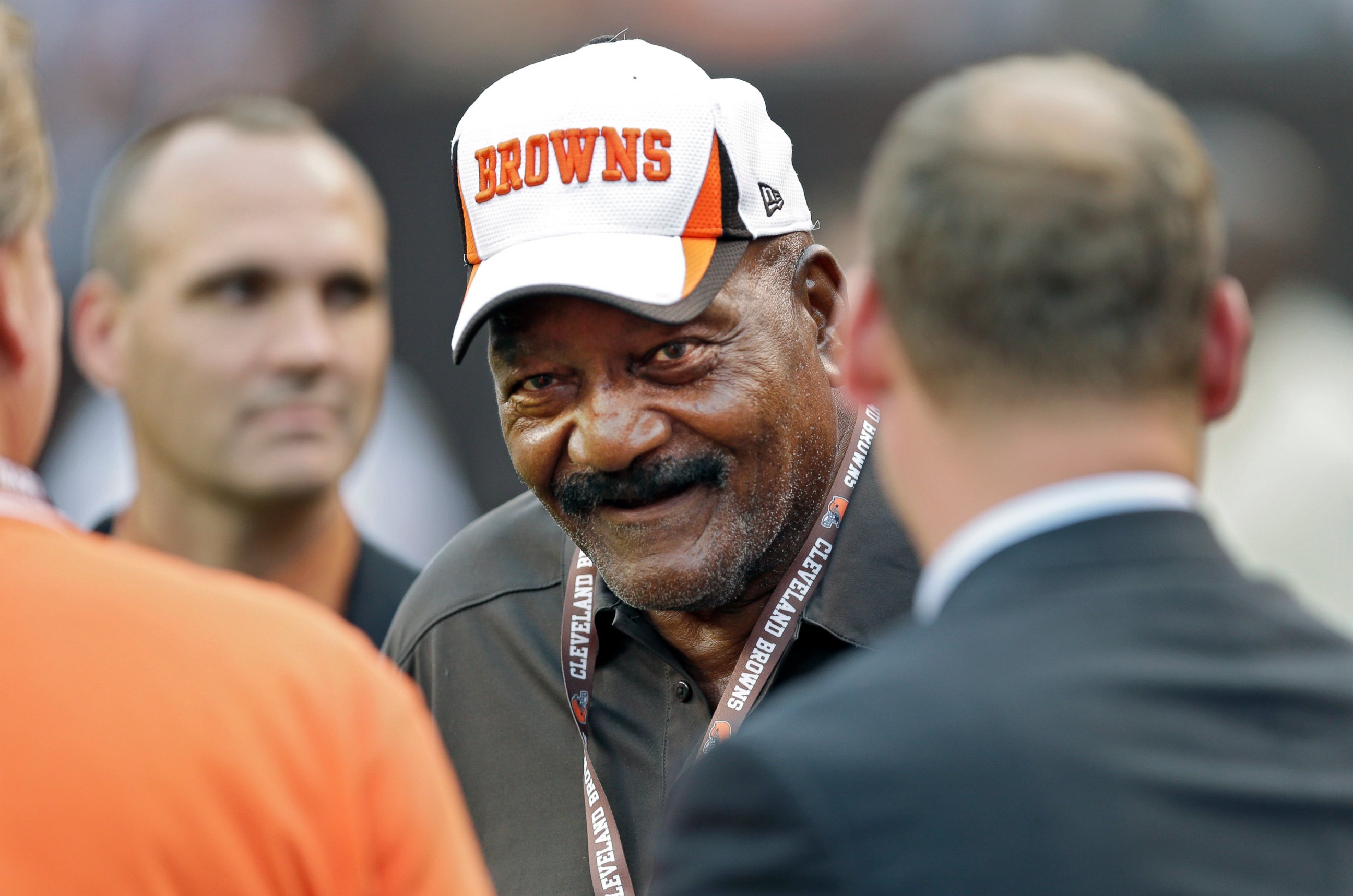 PHOTO: In this Thursday, Aug. 8, 2013 file photo, Hall of Fame running back Jim Brown visits on the sidelines before a preseason NFL football game between the St. Louis Rams and Cleveland Browns in Cleveland.