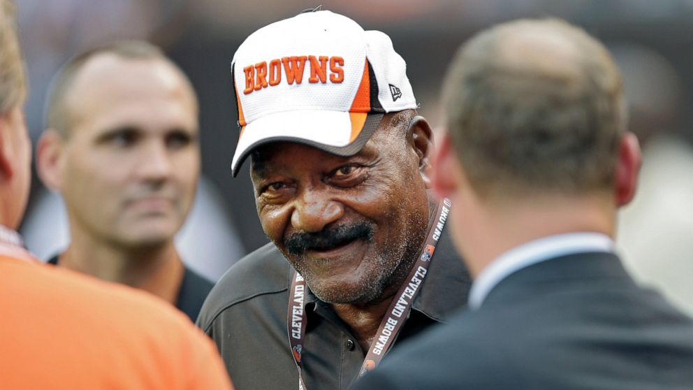 PHOTO: In this Thursday, Aug. 8, 2013 file photo, Hall of Fame running back Jim Brown visits on the sidelines before a preseason NFL football game between the St. Louis Rams and Cleveland Browns in Cleveland.