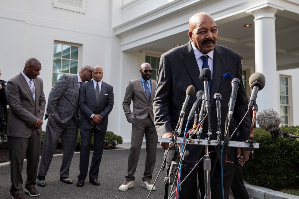 PHOTO: Former NFL football player Jim Brown speaks after walking out of the West Wing of White House, Tuesday, Feb. 18, 2020, in Washington.