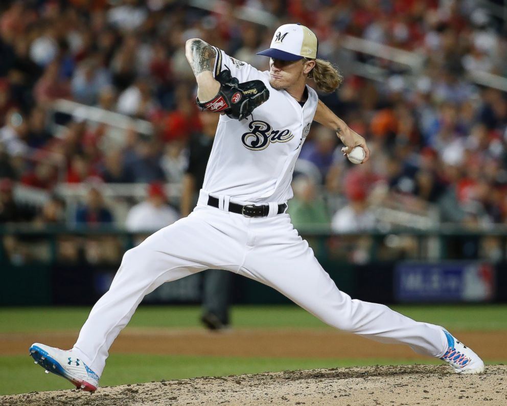PHOTO: Milwaukee Brewers pitcher Josh Hader (71) throws during the eighth inning at the Major League Baseball All-star Game, on July 17, 2018, in Washington.