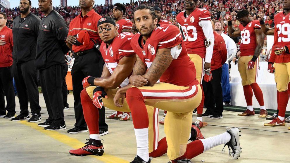 PHOTO: In this Sept. 12, 2016, file photo, Colin Kaepernick #7 and Eric Reid #35 of the San Francisco 49ers kneel in protest during the national anthem prior to playing the Los Angeles Rams in their NFL game at Levi's Stadium in Santa Clara, Calif.