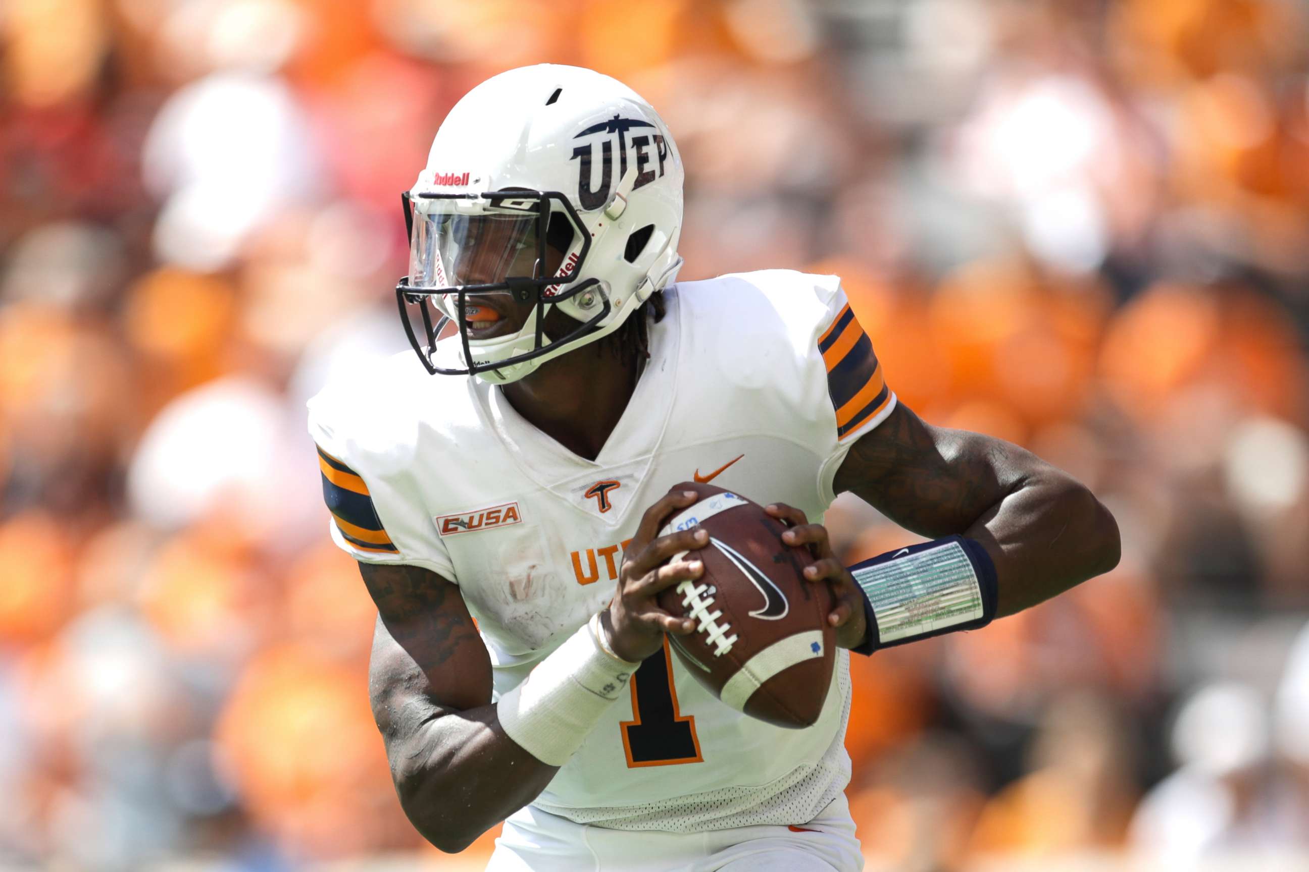 PHOTO: Quarterback Kai Locksley #1 of the UTEP Miners looks to pass during the game between the UTEP Miners and Tennessee Volunteers at Neyland Stadium, Sep. 15, 2018 in Knoxville, Tenn.