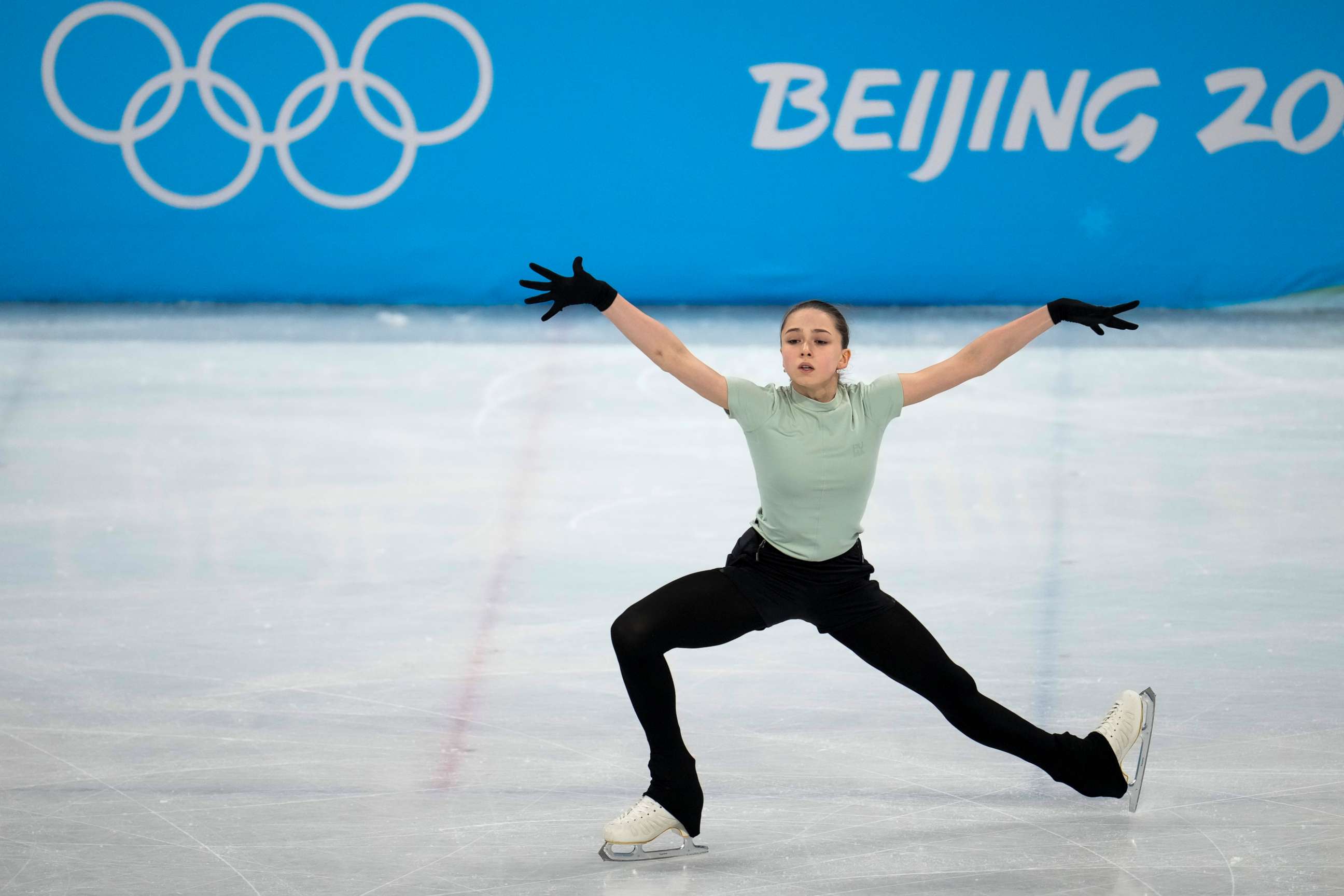 PHOTO: Kamila Valieva, of the Russian Olympic Committee, trains at the 2022 Winter Olympics, Feb. 16, 2022, in Beijing.