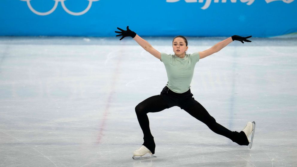 PHOTO: Kamila Valieva, of the Russian Olympic Committee, trains at the 2022 Winter Olympics, Feb. 16, 2022, in Beijing.