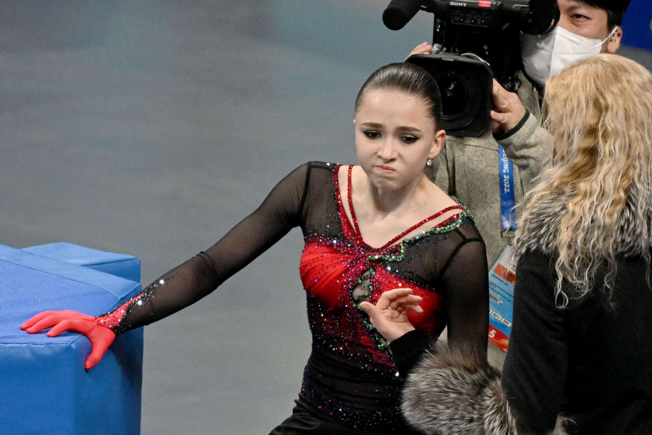 PHOTO: Russia's Kamila Valieva reacts after competing in the women's single skating free figure skating event during the Winter Olympic Games in Beijing Feb. 17, 2022. 