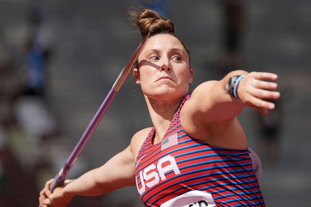 PHOTO: Kara Winger, of United States, competes in qualifications for the women's javelin throw at the 2020 Summer Olympics, Tuesday, Aug. 3, 2021, in Tokyo.