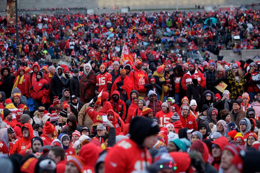 PHOTO: Kansas City Chiefs fans gather for a Super Bowl parade and rally in Kansas City, Mo., Feb. 5, 2020.