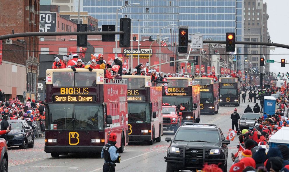 PHOTO: The Kansas City Chiefs ride atop double-decker buses during a parade through downtown Kansas City, Mo., Feb. 5, 2020, to celebrate the their victory in the NFL's Super Bowl 54.