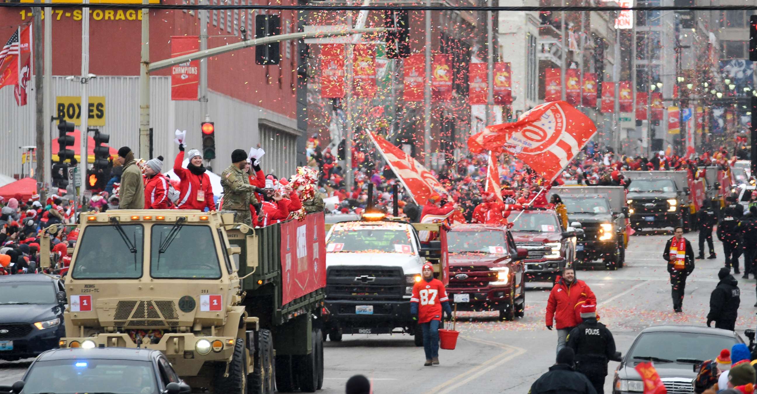 PHOTO: The Kansas City Chiefs victory parade makes its way through downtown Kansas City, Mo., Feb. 5, 2020, to celebrate their victory in the NFL's Super Bowl 54.
