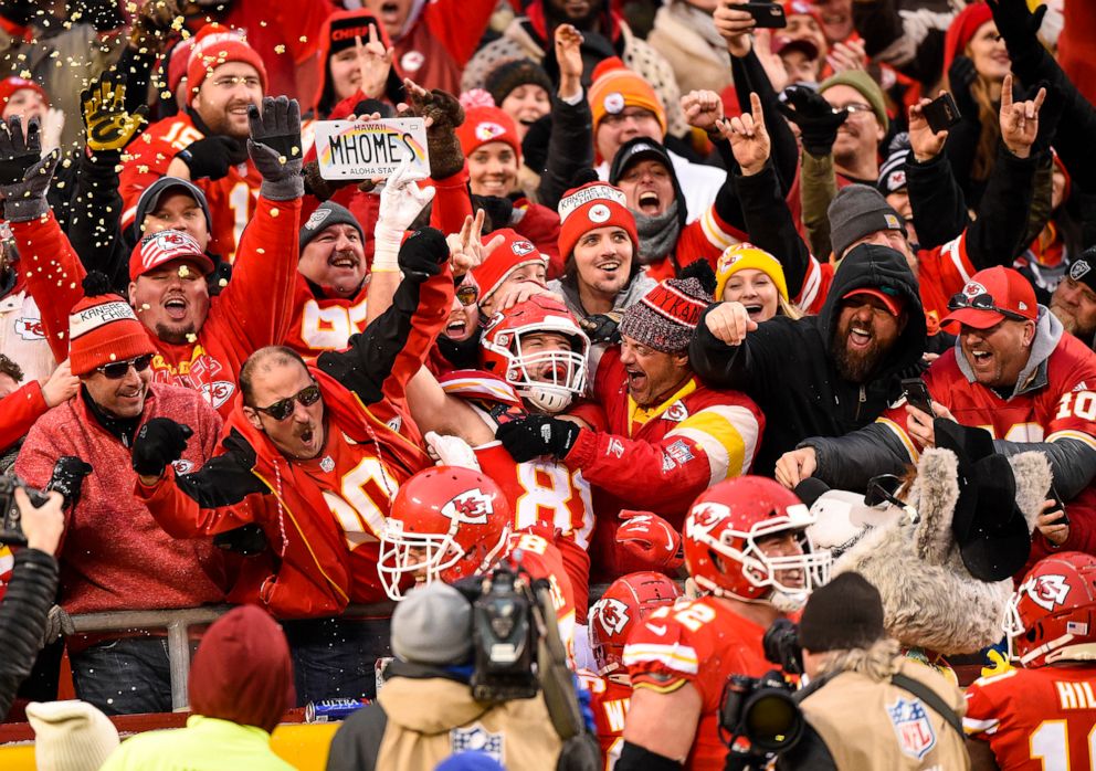 PHOTO: Kansas City Chiefs fans celebrate with Chiefs tight end Blake Bell after he pulled in a touchdown reception early in the fourth quarter against the Houston Texans, Jan. 12, 2020, at Arrowhead Stadium in Kansas City, Mo.