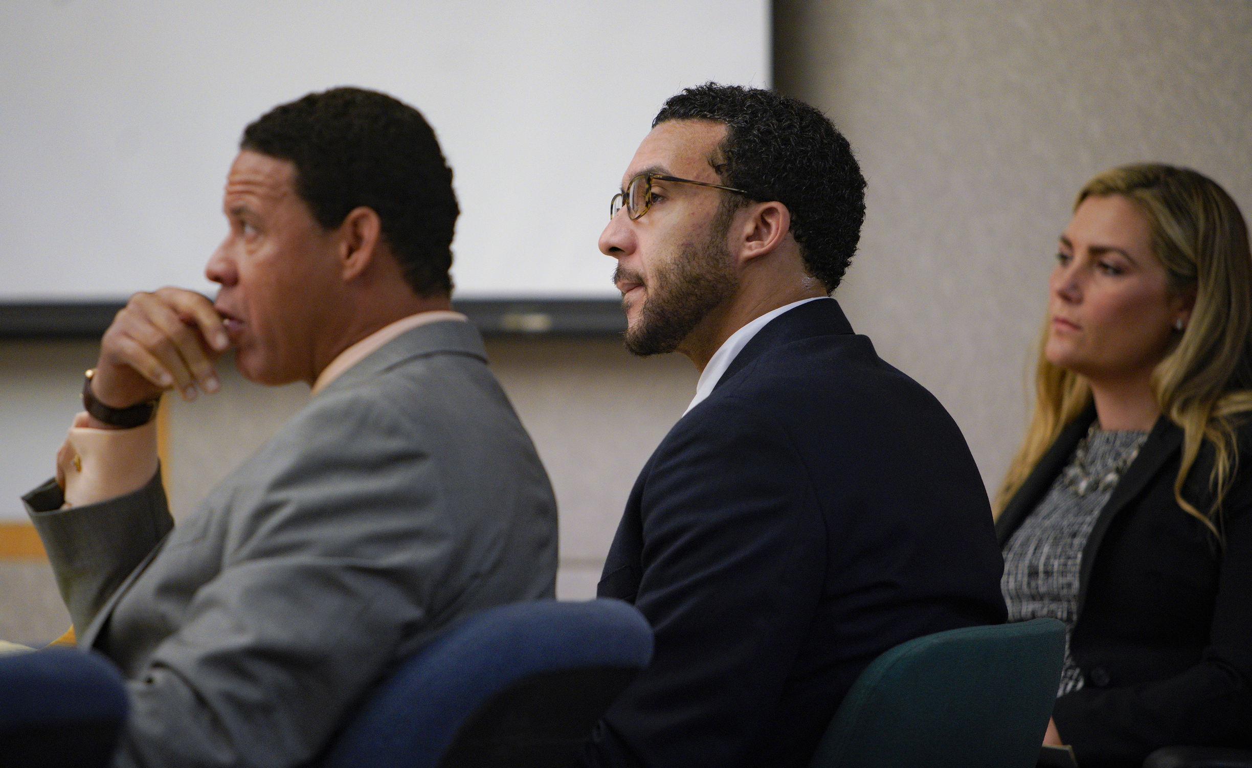 PHOTO: Sitting in Superior Court in Vista, Kellen Winslow, Jr., is flanked by defense attorneys Brian Watkins and Elizabeth Bahr as he listens to closing arguments to jury from Deputy District Attorney, Dan Owens on Tuesday, June 4, 2019, in Vista, Calif.