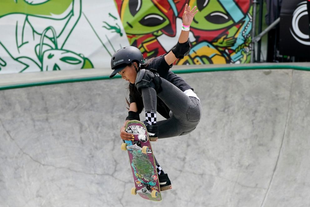 PHOTO: In this Sunday, May 23, 2021 file photo, Kokona Hiraki, of Japan, competes in the women's Park Final during an Olympic qualifying skateboard event at Lauridsen Skatepark in Des Moines, Iowa.