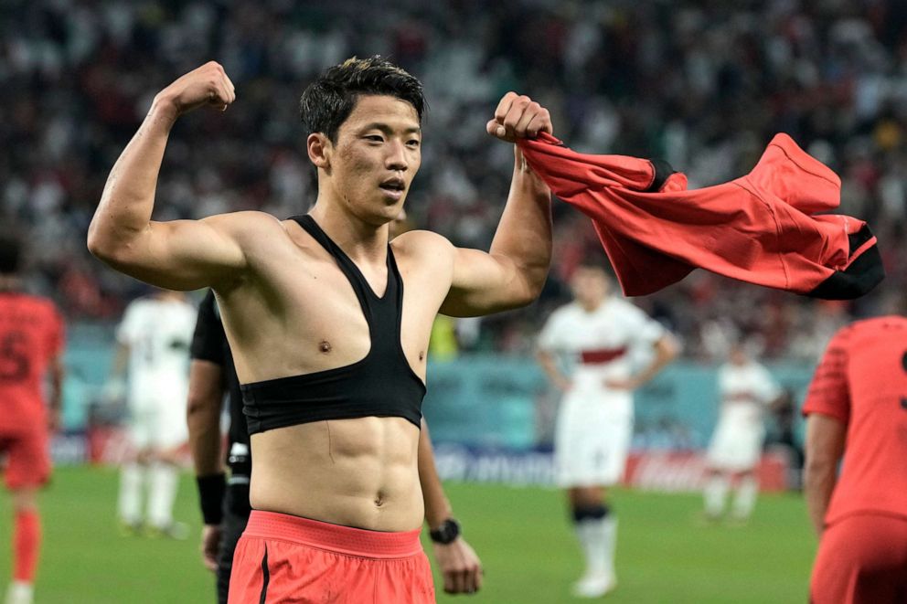 PHOTO: South Korea's Hwang Hee-chan celebrates after scoring his side's 2nd goal during the World Cup group H soccer match between South Korea and Portugal, at the Education City Stadium in Al Rayyan, Qatar, Friday, Dec. 2, 2022.