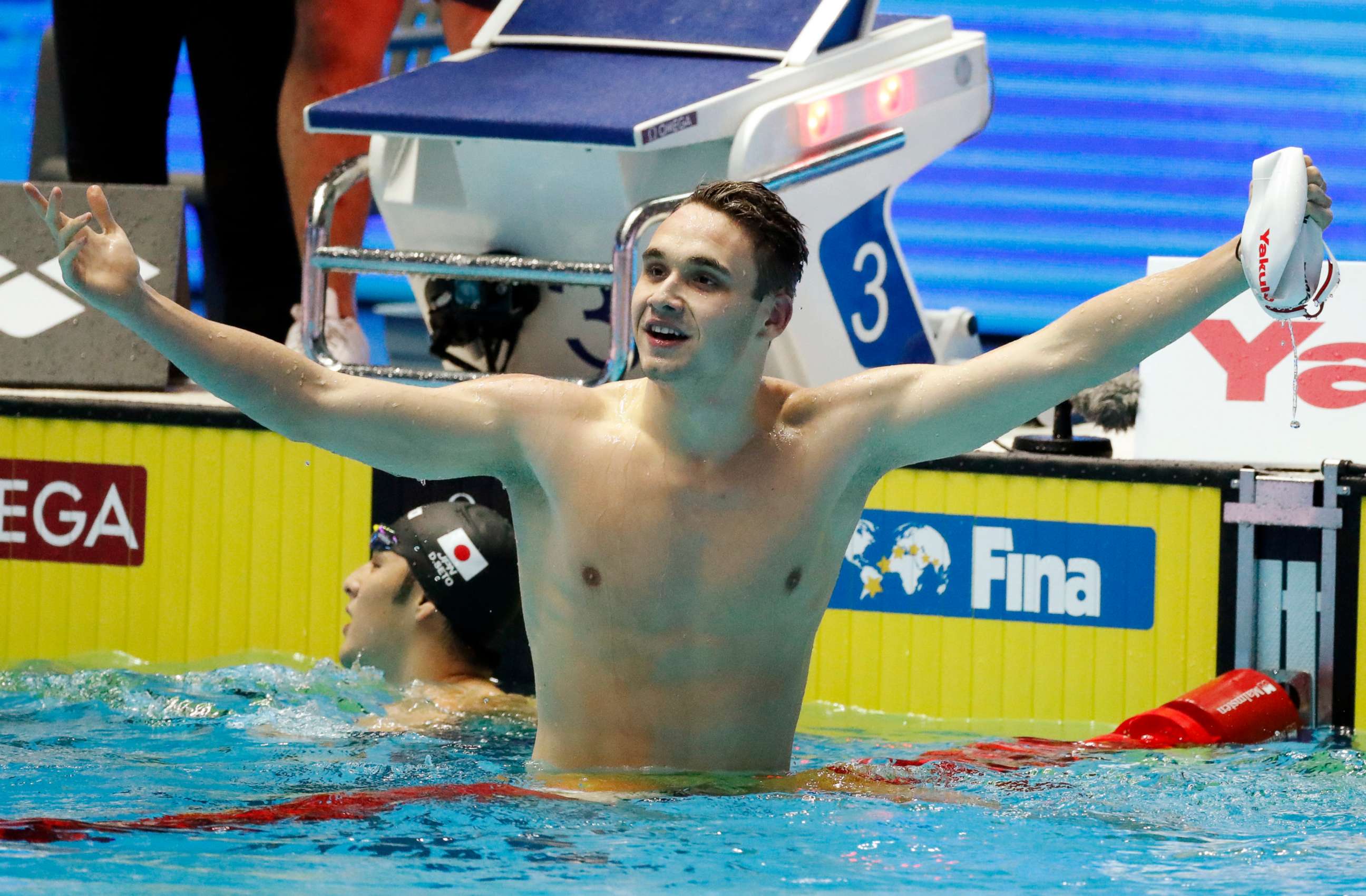 PHOTO: Swimming - 18th FINA World Swimming Championships - Men's 200m Butterfly Final - Nambu University Municipal Aquatics Center, Gwangju, South Korea - July 24, 2019. Kristof Milak of Hungary celebrates winning the 200m butterfly.