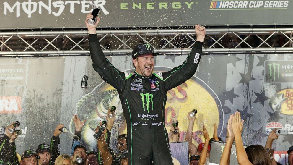 PHOTO: In this Aug. 18, 2018, file photo, Kurt Busch, driver of the #41 Monster Energy/Haas Automation Ford, celebrates in Victory Lane after winning the Monster Energy NASCAR Cup Series Bass Pro Shops NRA Night Race in Bristol, Tenn.